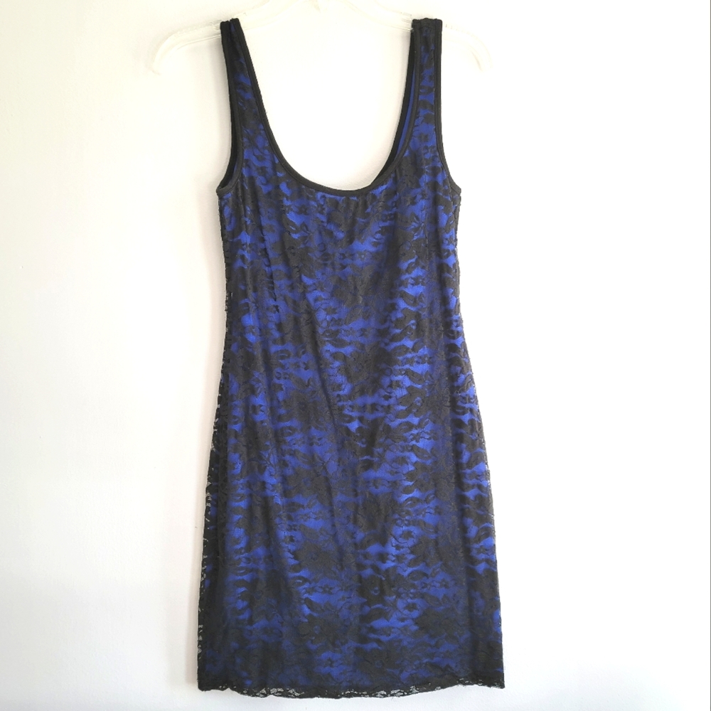 Lily Rose Blue with Black Flower Lace Tanktop Mini Dress Juniors Size Medium